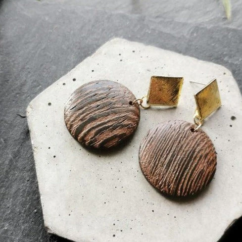 Gold Tone Wooden Disc Earrings - Xander Kostroma (Last Available) 3 Gold Tone Wooden Disc Earrings - Xander Kostroma (Last Available)