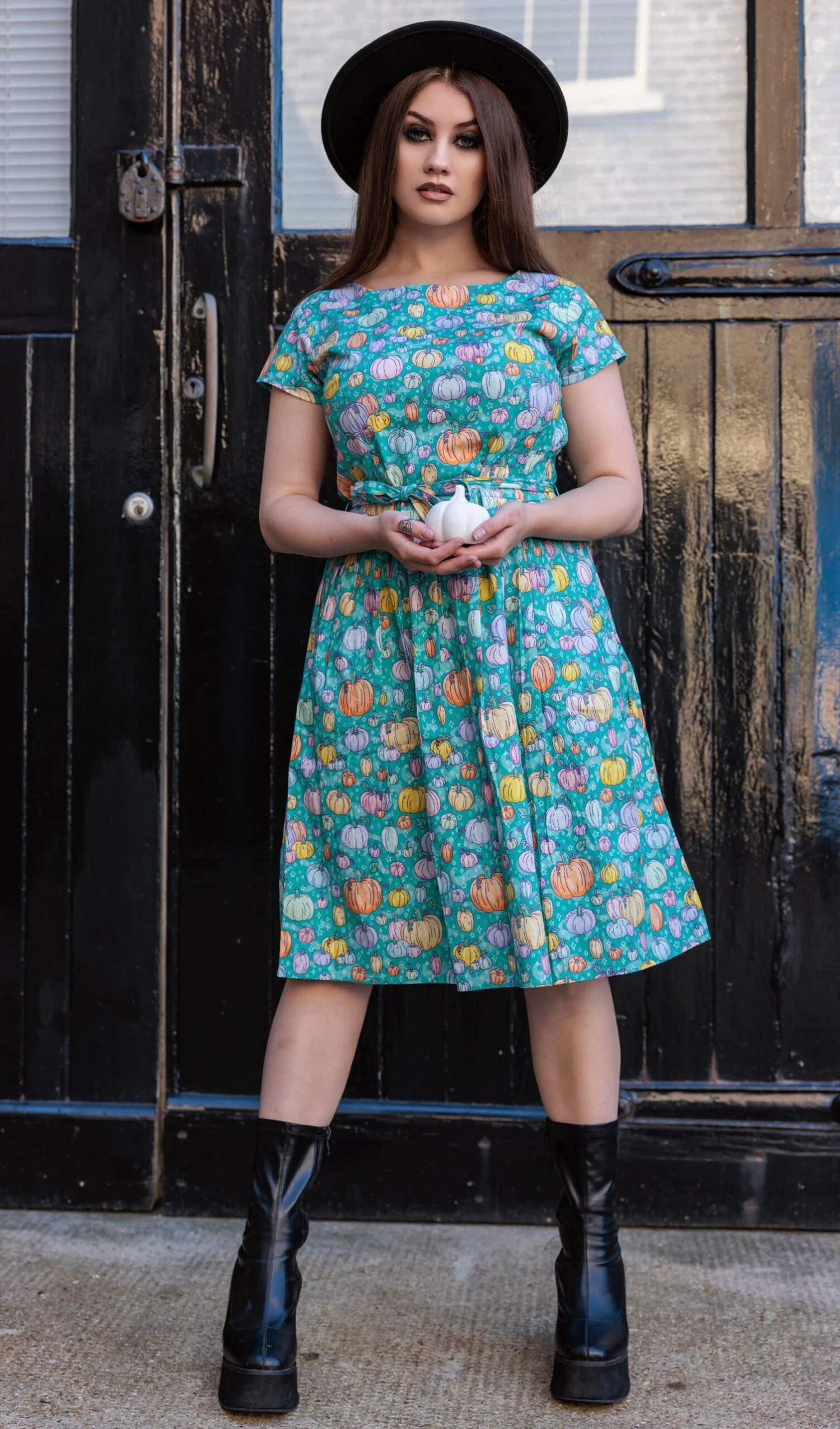 Halloween Pumpkin Patch Stretch Belted Tea Dress With Pockets - Run & Fly 4 Halloween Pumpkin Patch Stretch Belted Tea Dress With Pockets - Run & Fly - Image 2