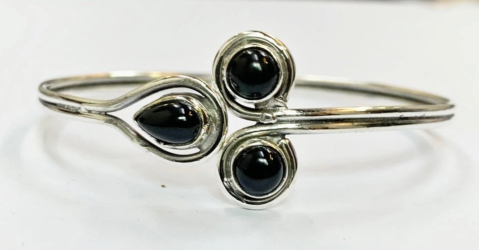 Black Agate Silver Plated Adjustable Trinity Cuff Bangle (Last Available) 3 Black Agate Silver Plated Adjustable Trinity Cuff Bangle (Last Available)