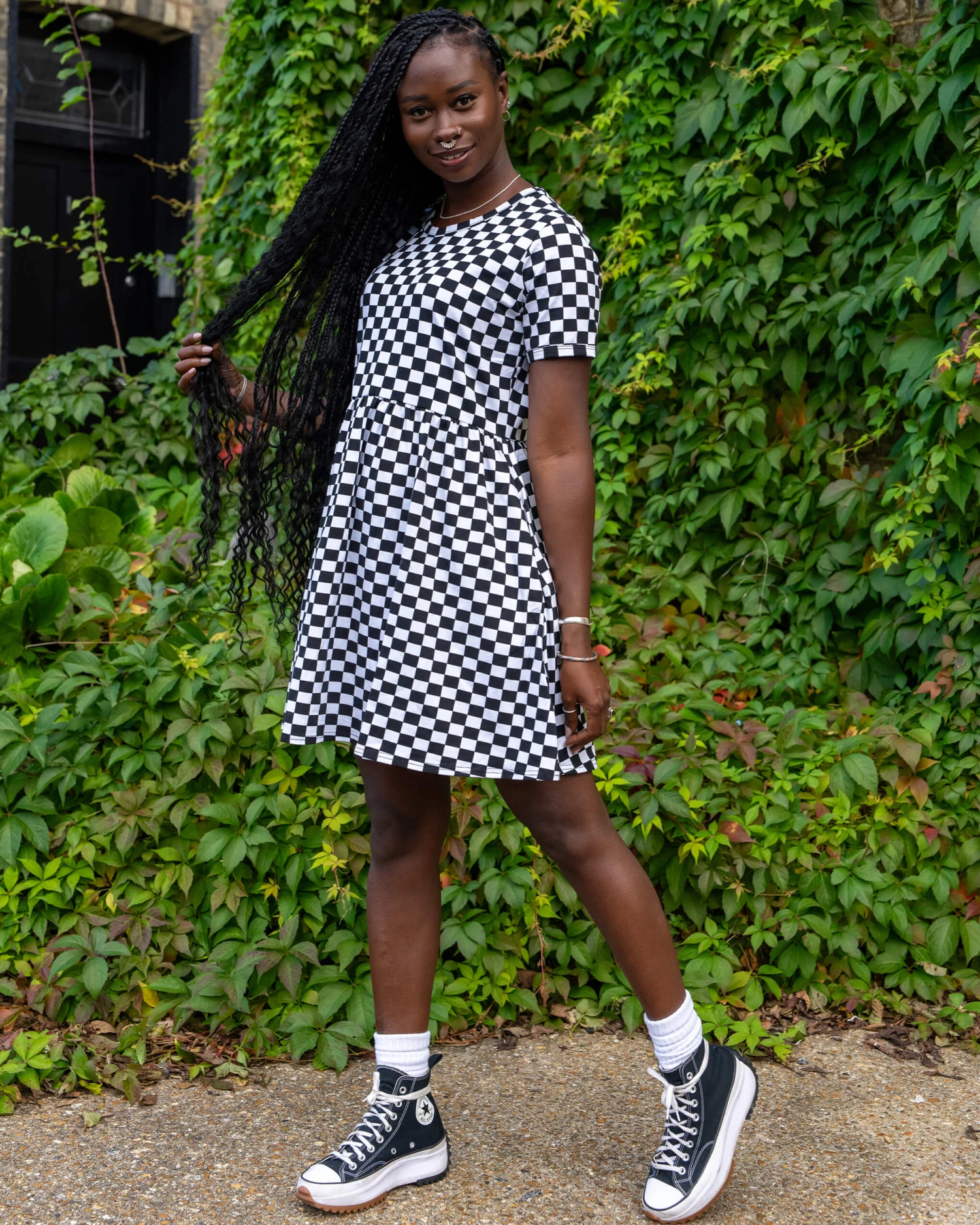 Black & White Checkerboard Oversized Smock Dress - Run & Fly 5 Black & White Checkerboard Oversized Smock Dress - Run & Fly - Image 3
