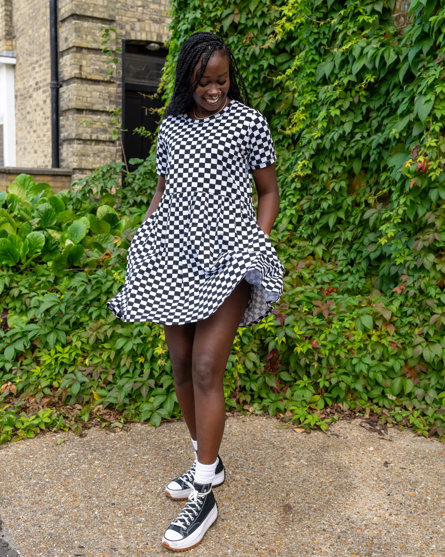 Black & White Checkerboard Oversized Smock Dress - Run & Fly 7 Black & White Checkerboard Oversized Smock Dress - Run & Fly - Image 5