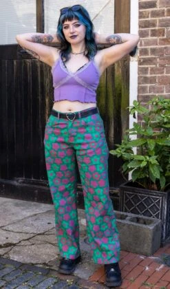 90's Green Magic Flower Wide Leg Jeans - Run & Fly