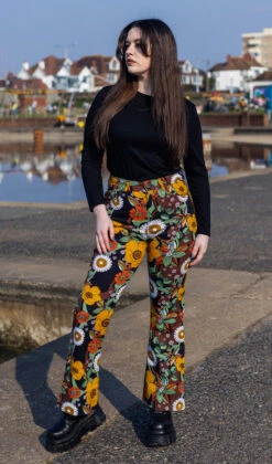 70's Brown Floral Flare High Waisted Jeans - Run & Fly -HELL BUNNY SHOP runandflyflared70sblackfloral 590x 13ccec10 aca5 4c3c 9e4f 8887eab3b8ee