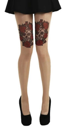 Nude Skull And Red Roses Gothic Tattoo Tights - Pamela Mann